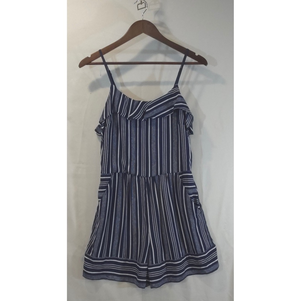 Ann Taylor LOFT Navy White Striped Ruffle Neck Romper S 4 Side Zip Pockets NWOT